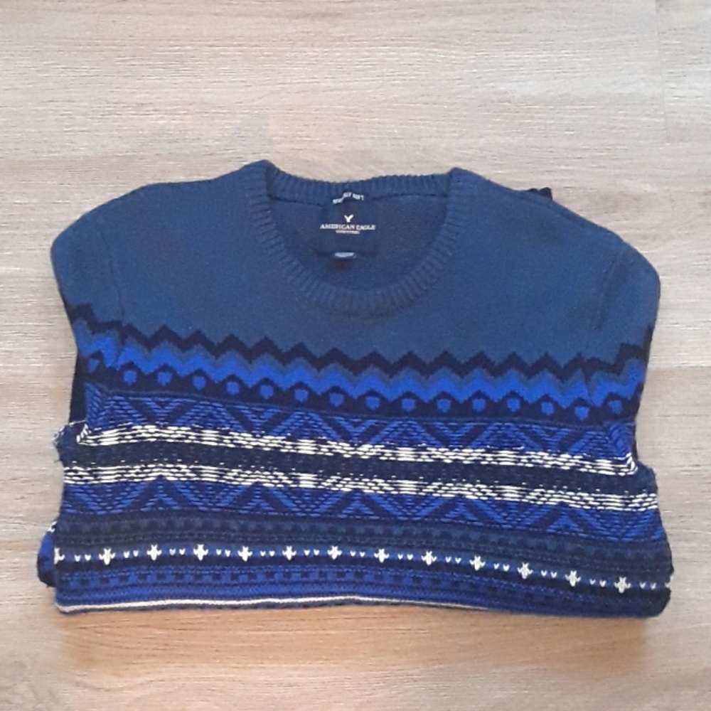 American Eagle Seriously Soft Blue Knit Geometric Pullover Sweater - XS - Picture 6 of 10